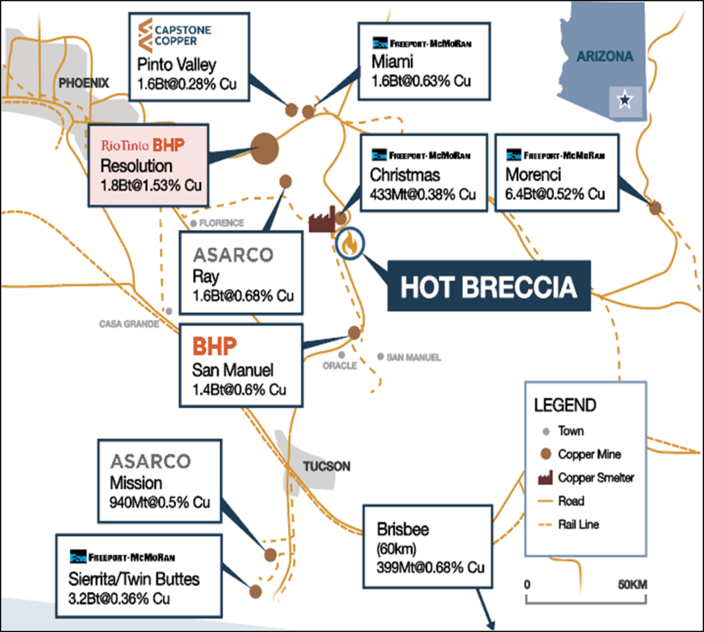 Location of the Hot Breccia Project in the Arizona Copper Belt.